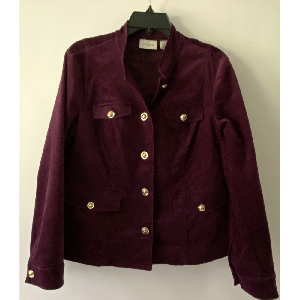 Chico's Purple Velveteen Standup Collar Jacket Stretch Women's Size 1 Classic